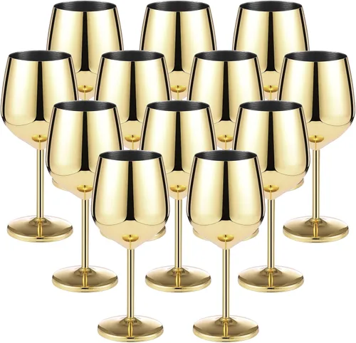 Miniatura 9 de Didaey Paquete de 12 copas de vino de acero inoxidable con tallo dorado de 9 onzas, vasos irrompibles portátiles de metal inastillables, vasos