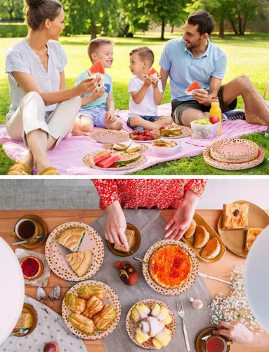 Miniatura 6 de Nkaiso 141 piezas de suministros de fiesta de oro rosa, los juegos de vajilla de fiesta incluyen platos de papel, servilletas, tazas y cubiertos