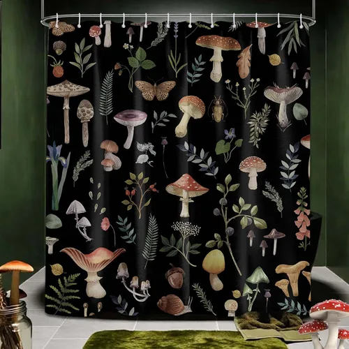 Miniatura 13 de Cortina de ducha de hongos, bonito juego de cortinas de ducha de hongos negros para decoración de baño, tela de poliéster impermeable con ganchos