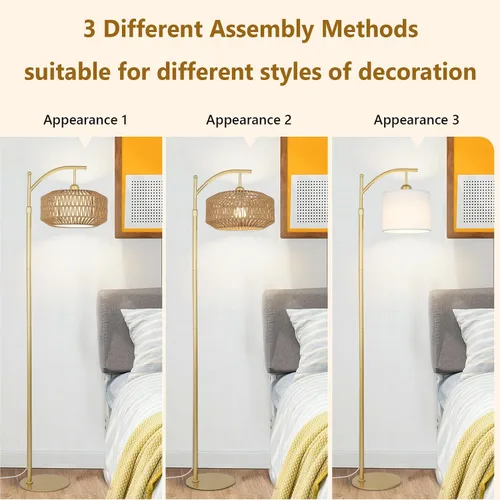 Miniatura 8 de LAMSU Lámpara de pie Arc Gold con control remoto y bombilla LED, lámparas de pie regulables para sala de estar con pantallas de ratán y tela