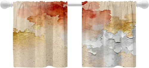 Miniatura 76 de Shrahala Beige and Orange Abstract Art Brushstrokes Blackout Curtain Tiers, Abstract Oil Paint Kitchen Valance Light Blocking Tier Drapes with Rod