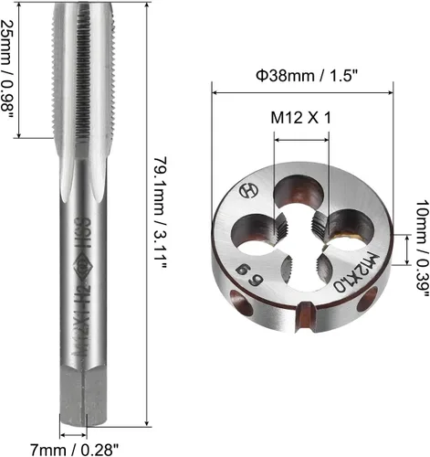 Miniatura 2 de uxcell M12 x 1 Juego de troqueles métricos y redondos H2 Acero de alta velocidad Mano derecha sin recubrimiento 4 flautas rectas Máquina de fresado