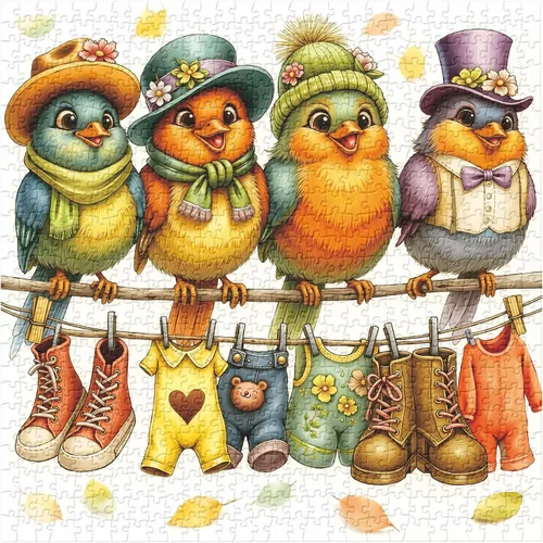 Miniatura 2 de Rompecabezas de 1000 piezas para la familia de pájaros lindos para adultos, coloridos pájaros con sombreros y bufandas, rompecabezas de animales