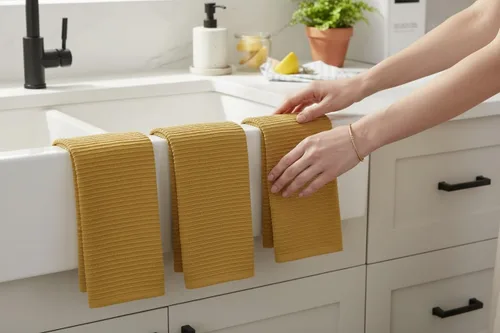 Miniatura 6 de Serafina Home Paños de cocina a cuadros amarillo mostaza: paño de 100 % algodón, suave, para limpieza y secado, absorbente, de rizo, con asa, juego