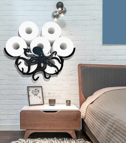 Miniatura 5 de Octopus - Almacenamiento de papel higiénico de pared de metal, soporte de papel higiénico negro, soporte de papel de metal decorativo de animales