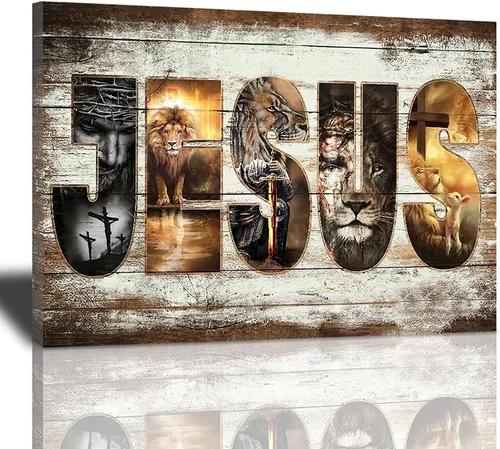 Póster en lienzo con imágenes de Jesús, león y cordero, impresión en lienzo con texto en inglés "God Bible Christian Religios" para pared, pintura