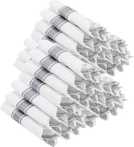 400 piezas de cubiertos de plástico plateado preenrollados - Cubiertos de plata resistentes - Incluye 100 paquetes de utensilios desechables Plata -