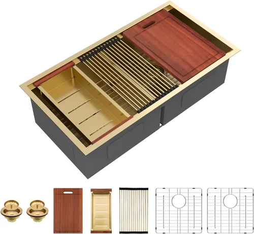 Miniatura 28 de Sarlai 28 Fregadero de cocina bajo encimera de doble tazón - Fregadero bajo encimera de acero inoxidable de 28x19 pulgadas de calibre 16, con repisa