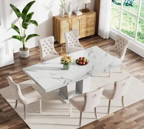 Miniatura 2 de Juego de mesa de comedor extensible de mármol sintético de 7 piezas para 6, mesa de comedor extensible blanca de 78.74 pulgadas con juego de 6