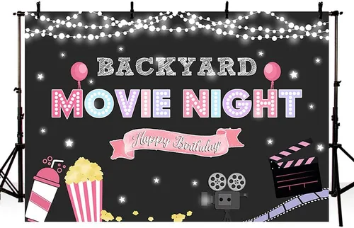 Miniatura 3 de Fondo rosa de 7 x 5 pies con proyector de noche de cine para niñas en el patio trasero, palomitas de maíz, fondo de bebida espumosa, decoración