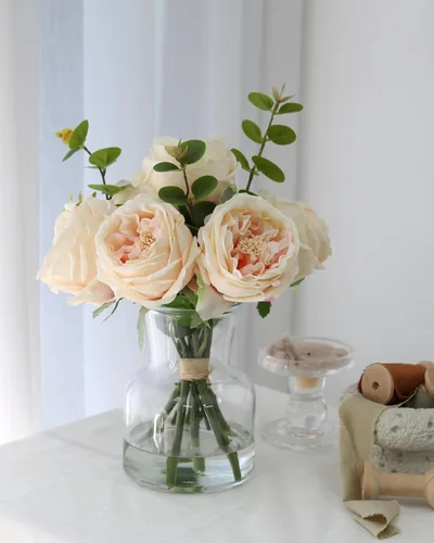 CHASMILE Rosas de Champán Artificiales Realistas en Jarrón - Centro de Mesa Eterno para Decoración de Comedor y Cocina - Arreglo de Flores