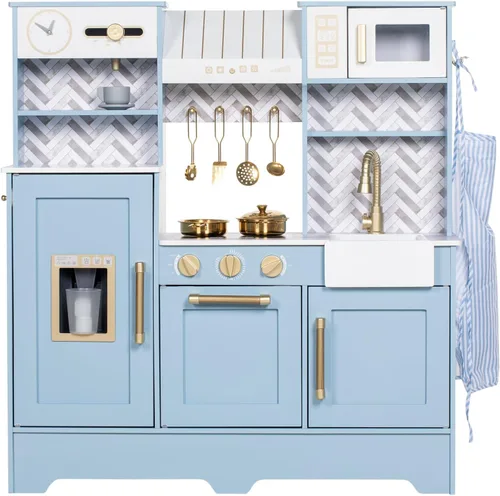 Miniatura 8 de BRINJOY Cocina de Juguete para Niños, Juego de Cocina de Madera para Niños con Cafetera, Horno, Estufa, Fregadero, Delantal, Máquina de Hielo, Azul