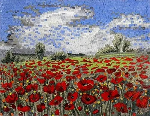 Mozaico Campo de flores de amapola de mosaico, diseños de mosaicos, obra de arte de mosaico, incrustaciones de mosaico, arte de pared de mosaico,