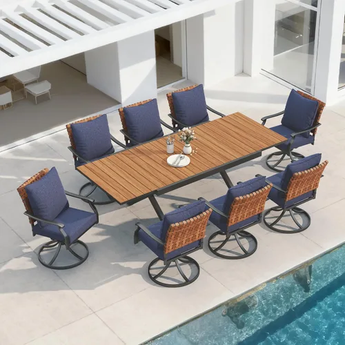 Miniatura 27 de Grand patio Juego de comedor de exterior de 5 piezas, 4 sillas de patio giratorias de mimbre con aspecto de cuero y 1 mesa de comedor cuadrada