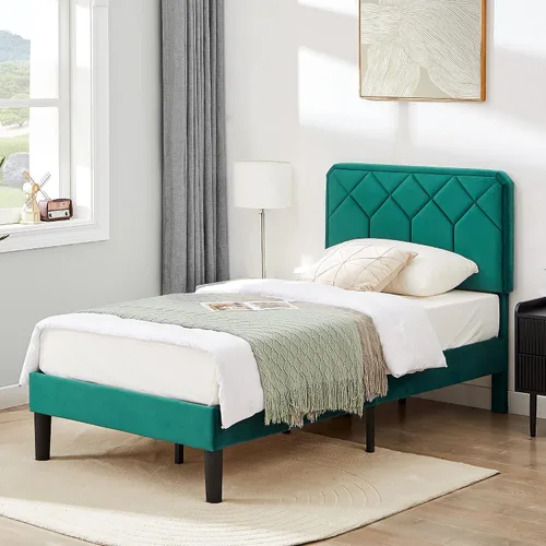 Miniatura 5 de VECELO Base de cama tamaño individual con plataforma tapizada de cuero de alta calidad con cabecera ajustable en altura / base de colchón, soporte