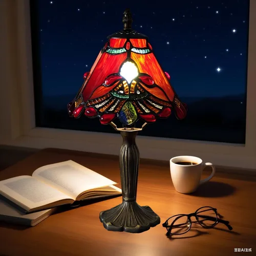 Miniatura 8 de Tiffany - Lámpara de mesa con perlas rojas, estilo barroco, vitral, luz de escritorio, pequeña lámpara de noche estilo Tiffany con bombilla LED