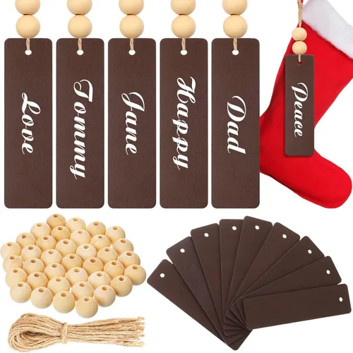 Marsui 110 Piezas Etiquetas de Nombre para Medias de Navidad - Etiquetas de Madera Sin Terminar con Cuentas de Madera Natural para Decoración de