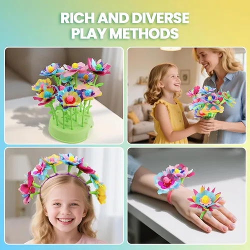 Miniatura 5 de Kit de manualidades de flores para niños de 4 a 8 años – Ramo de tela DIY juguete para niñas y niños – Regalo STEM reutilizable sin pegamento – Haz