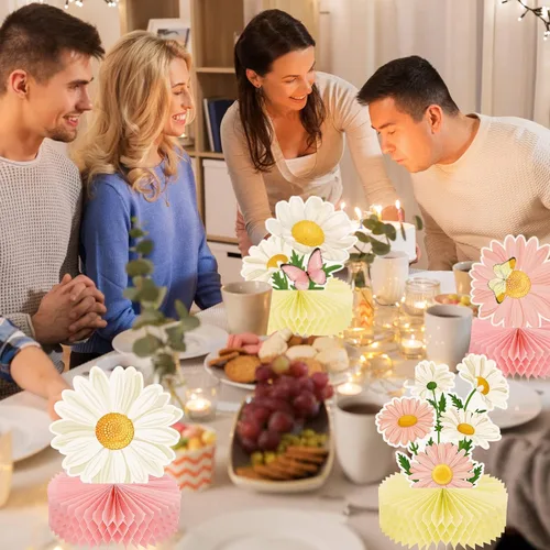 Miniatura 5 de Hotop 9 piezas de decoración de fiesta de cumpleaños con margaritas y mariposas, centros de mesa de margaritas 3D para mesas, decoración de mesa