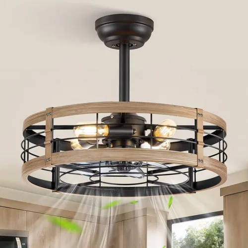 Miniatura 23 de LEDIARY - Ventilador de techo 16.5 pulgadas con jaula y luz, diseño industrial, estilo granja, para cocina, dormitorio, exterior, control remoto, 6