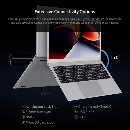 Miniatura 5 de UOWAMOU 15.6 IPS-FHD-Laptop, 16GB RAM 512GB SSD 6500Y (hasta 3.4GHz), computadora ligera con múltiples puertos para WiFi 5 BT5.0