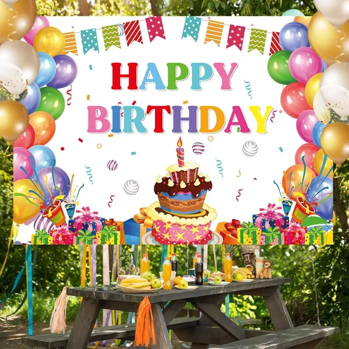 Miniatura 5 de Cartel de feliz cumpleaños, telón de fondo de globos coloridos para fiestas de niños, pasteles de colores grandes, fotografía, telón de fondo