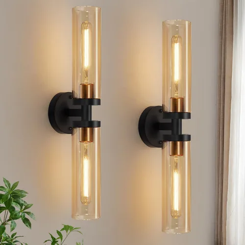 Miniatura 12 de Juego de 2 apliques de pared, apliques de baño de níquel cepillado cableados con vidrio transparente, apliques modernos para decoración de pared