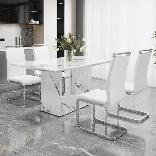 Miniatura 23 de Conjunto de mesa de comedor MUUOKY para 4, mesa de cocina de 63'' y sillas para 4, conjunto de mesa gris y 4 sillas modernas, adecuado para comedor