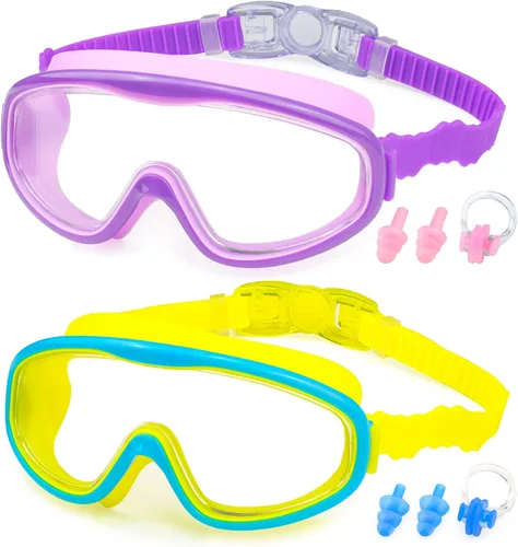 KAILIMENG Gafas de natación para niños, paquete de 2 gafas de natación para edades de 3 a 15 años, antivaho y anti-rayos UV Cear de visión amplia