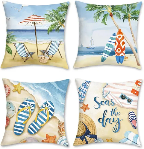 Bonhause Juego de 4 fundas de almohada de playa de verano de 18 x 18 pulgadas, diseño de estrella de mar, tabla de surf, palmera, paisaje de mar,