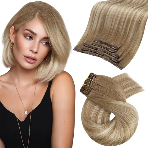 Miniatura 23 de Moresoo Extensiones de cabello humano Remy con clip, color rubio platino, extensiones de cabello humano real de doble trama, color rubio #60, 18