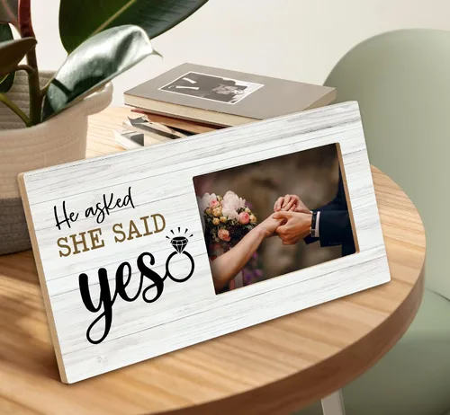 Miniatura 4 de SRADMO Marco de fotos con texto en inglés «He Asked and She Said Yes», regalos románticos, marco de fotos de madera de 12 x 6 pulgadas para parejas