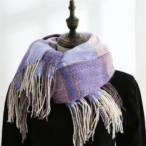 Miniatura 2 de Bufandas de invierno para mujer, bufanda a cuadros con borla, elegante bufanda de cachemira para mujer