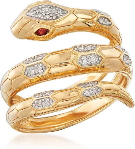 Miniatura 4 de Ross-Simons 0.10 ct. t.w. Diamond Snake Wrap Ring With Garnet Accents in 18kt Gold Over Sterling