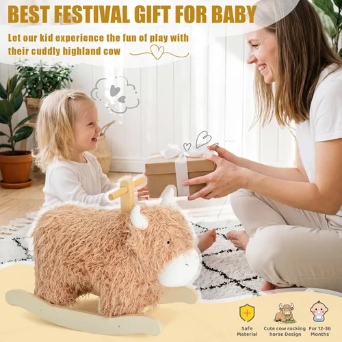Miniatura 8 de Caballo mecedora bebé para 1 año de edad, caballo de madera de vaca/yak con balanceo con caña y peluche de madera, juguete de montar para niñas