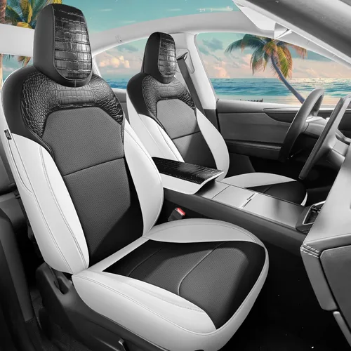 Miniatura 20 de Fundas de Asiento Negras para Tesla Model Y, Funda de Asiento de Coche Tesla de 12 Piezas, Impermeable, Cuero Nappa, Totalmente Envueltas, Negro