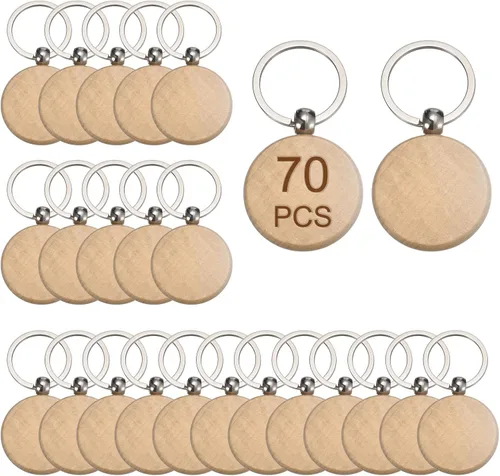 MECCANIXITY Llavero de madera en blanco, 1.57 pulgadas, grabado de madera, llavero para manualidades, paquete de 70