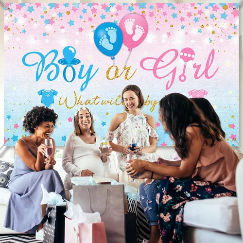 Miniatura 6 de Fondo de revelación de género para niño o niña, fondo azul y rosa para fiesta de revelación de género, cartel con texto en inglés «What Will Baby