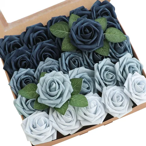 Floroom Flores artificiales, 25 piezas de rosas falsas de espuma de colores azules degradados de aspecto real con tallos para ramos de boda, centros