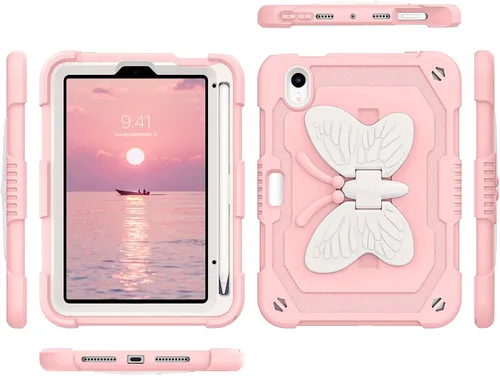 Miniatura 8 de DUEDUE Funda para iPad mini 7 (A17 Pro) 2024, iPad mini 6 2021, alas de mariposa con soporte para lápiz, funda protectora a prueba de golpes