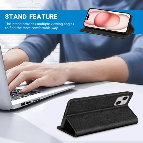 Miniatura 5 de ZZXX Funda tipo cartera para iPhone 15 con bloqueo RFID, soporte de ranura para tarjetas, funda protectora de cuero magnético fuerte plegable