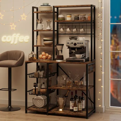 Miniatura 3 de IDEALHOUSE Estante para panaderos con toma de corriente, soporte para microondas con 2 cajones de alambre, estación de barra de café industrial