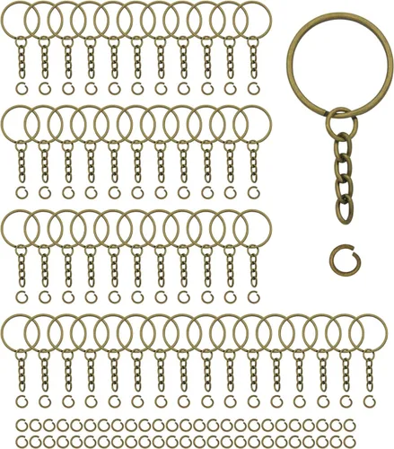 Miniatura 7 de 100 juegos de llaveros de 1 pulgada, llavero redondo dividido dorado con cadena y anillos de salto abiertos para hacer llaveros de bricolaje
