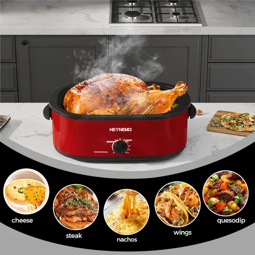 Miniatura 2 de Horno eléctrico, rostizador con tapa de autohumectado, para pavo, con descongelado y mantenimiento de calor, temperatura ajustable, bandeja y Rojo