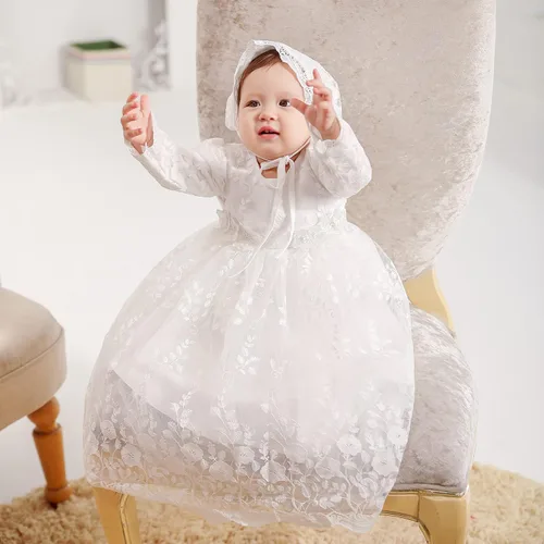 Miniatura 3 de Vestido de bautismo para niña, 3 piezas, bordado, formal, para fiesta, boda