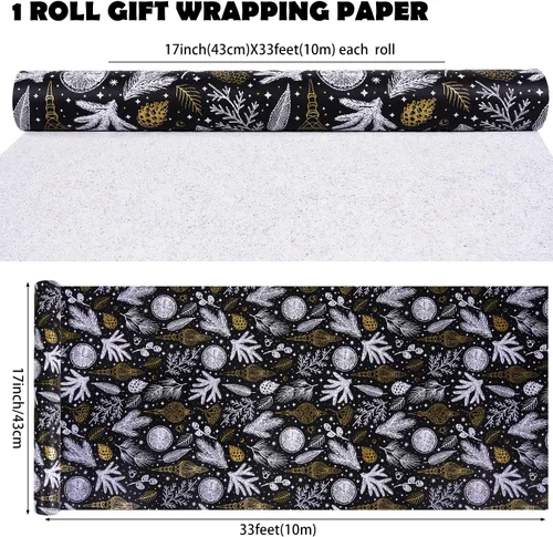 Miniatura 5 de Papel de regalo de Navidad, papel de regalo de Navidad de papel kraft negro y dorado con lámina, rollo jumbo, papel de regalo negro y blanco