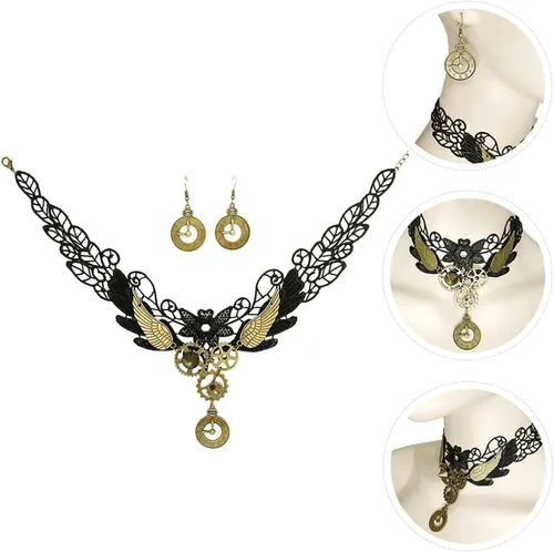 Miniatura 8 de Generic Gargantilla de encaje gótico, aretes vintage, collar steampunk, gargantilla de engranaje, accesorios de disfraz para mujeres y niñas, 3