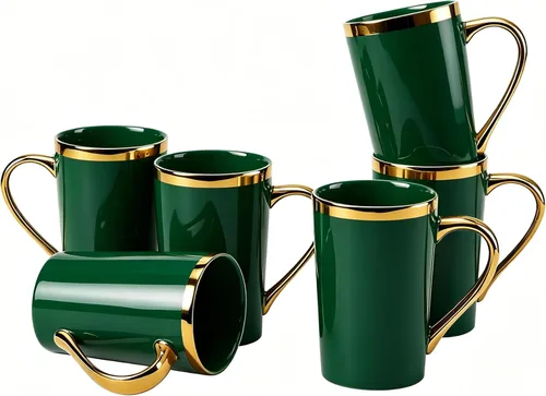 Miniatura 10 de Juego de 6 tazas de café de oro negro de 12 onzas, tazas de cerámica de porcelana con mango y borde dorados, apto para lavavajillas, regalo elegante