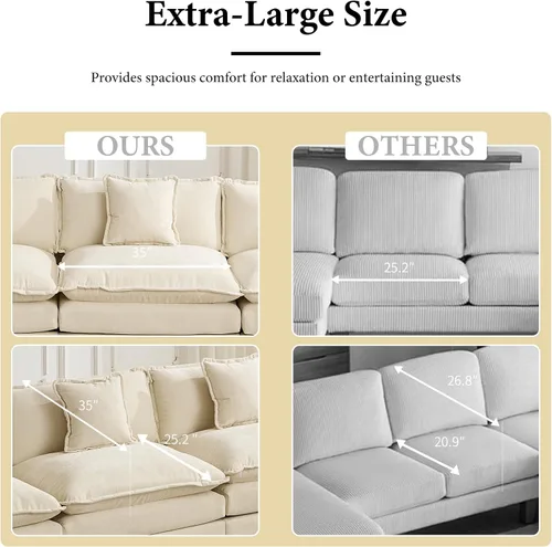 Miniatura 5 de Sofá seccional modular beige de 111.5", sofás seccionales grandes de 3 plazas para sala de estar, tela de chenilla marfil blanquecino, sofá nube