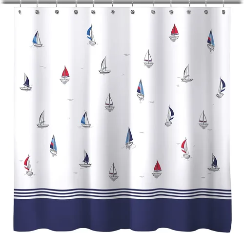 Sunlit Cortina de ducha de tela con temática náutica, azul marino y veleros, rayas de bloque de color, cortinas de ducha para decoración de baño,
